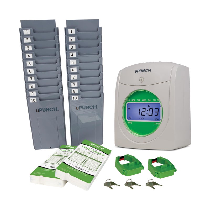 uPunch HN3500 Advanced Time Clock Bundle for Small Business: Complete Employee Time Tracking System with 100 Time Cards, 2 Racks, 2 Ribbons, and 6 Keys - Image 1